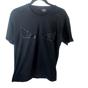 Fendi Roma Bag Bugs Monster Eyes Studded Black T-Shirt Women Made in Italy